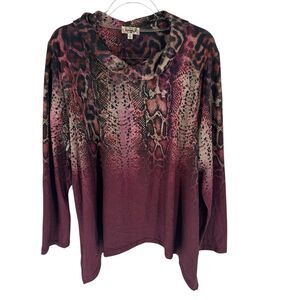 One World Sweater Womens 2X Purple Cowl Neck Tunic Animal Print Shark Bite Hem